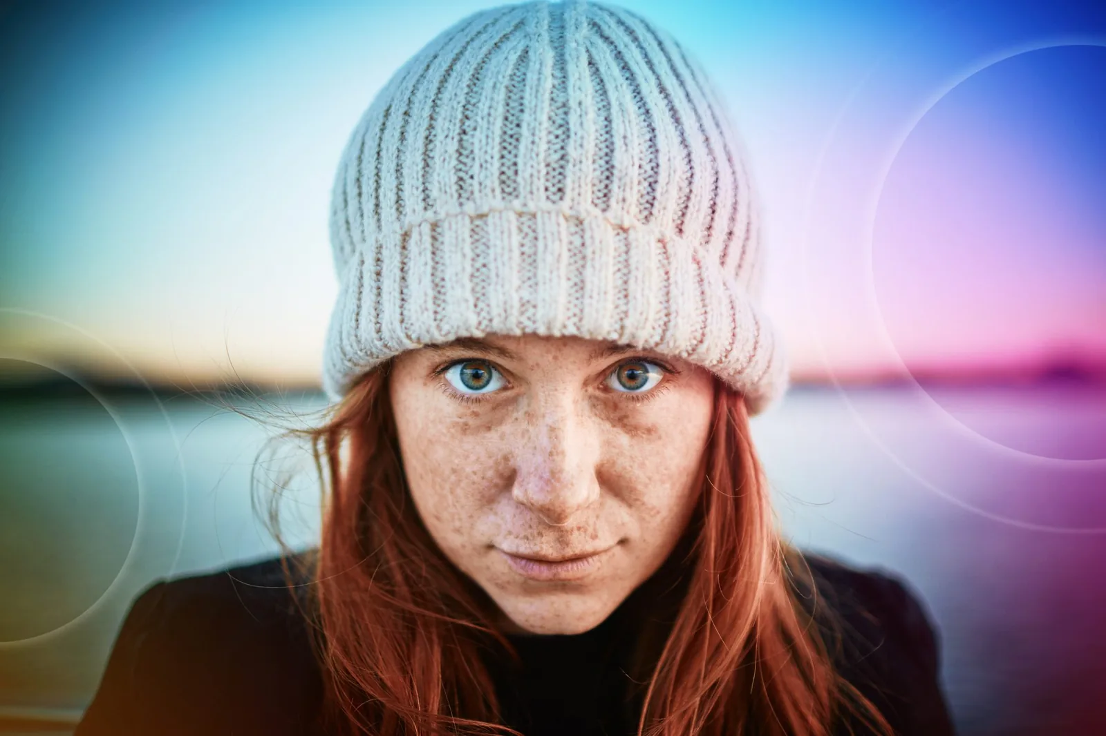 Close portrait of a woman with clear blue eyes