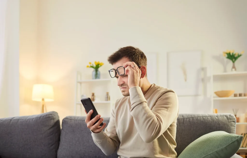 Mand holder sin smartphone længere væk for at kunne læse, et tidligt tegn på alderssyn